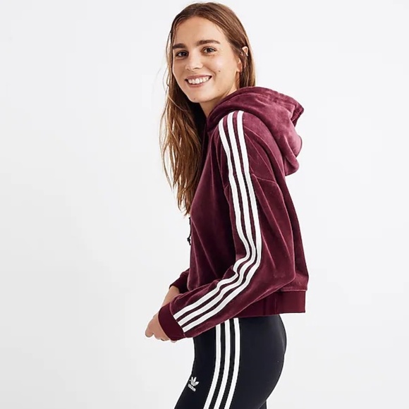 Adidas Originals Velour Cropped Hoodie Sweatshirt Burgundy Stripe Size Large - Picture 2 of 7